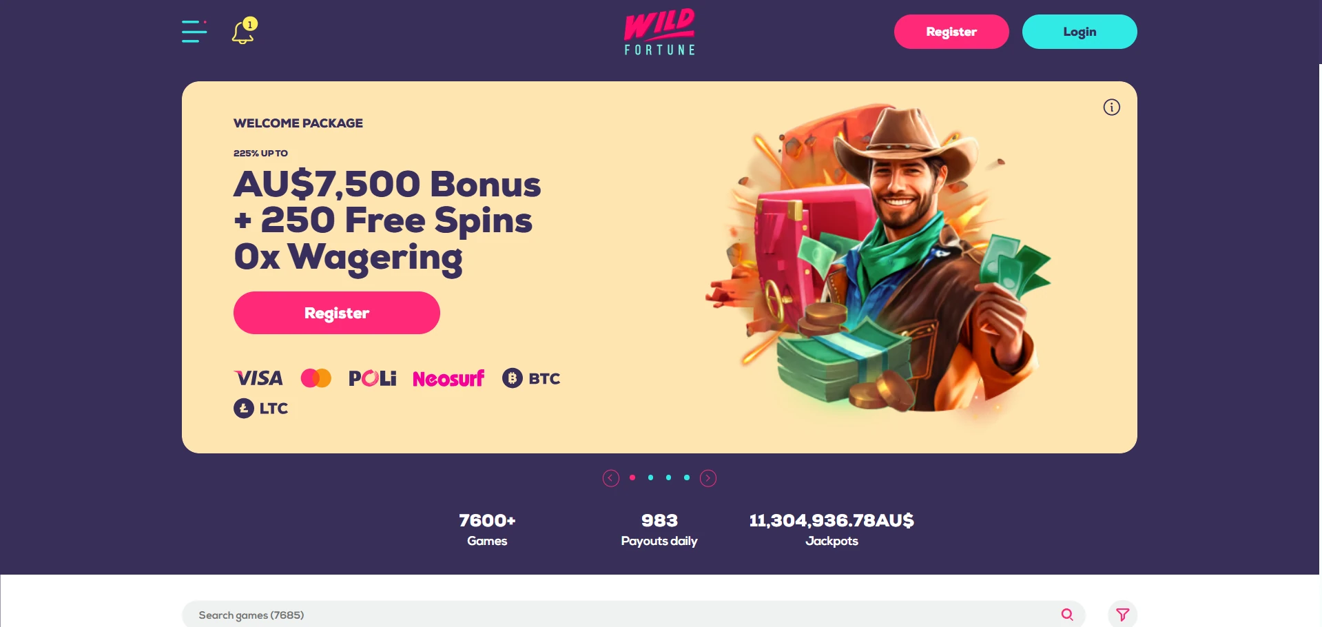 Wild Fortune's Australian front page, captured before our cashier walkthrough