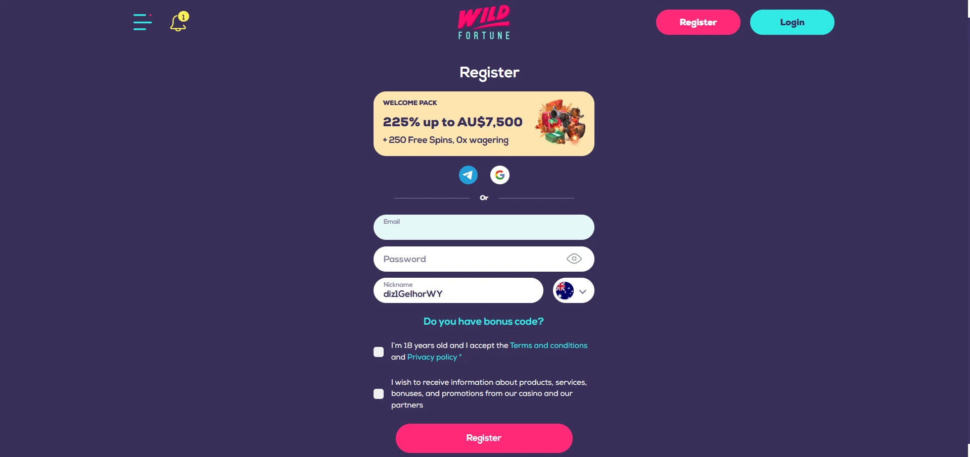 Wild Fortune sign-up form